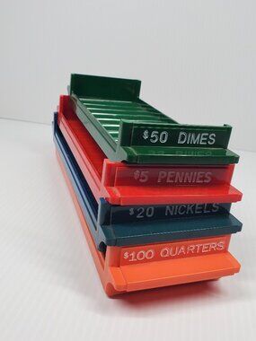 4 Plastic Bank Teller Coin Trays Quarters Nickels Dimes Pennies